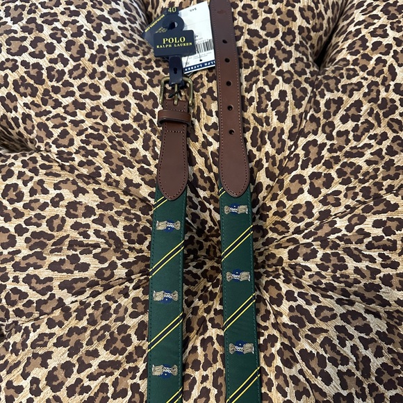 New Men's Ralph Lauren Green Polo Bear Brown Leather Ribbon Belt Size 40 - Picture 1 of 3